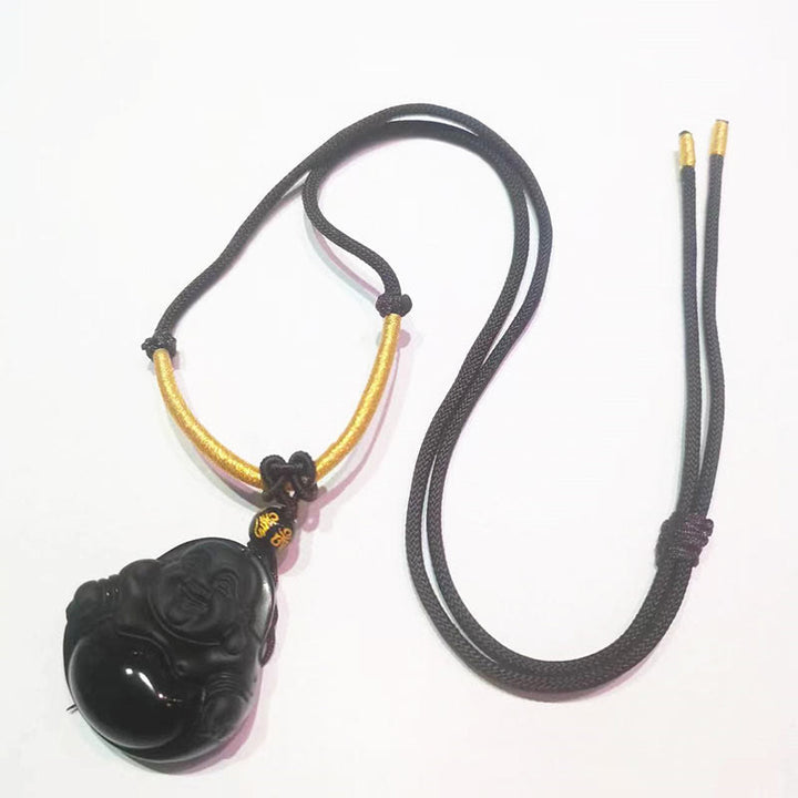 Buddha Stones Naturalny Czarny Obsydian Lodowy Obsydian Śmiejący się Budda Naszyjnik Oczyszczający Wisiorek