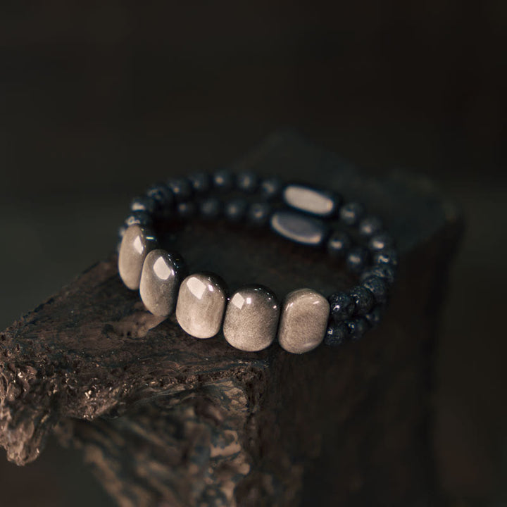 Bransoletka komunikacyjna z Buddha Stones Naturalny srebrny połysk Obsydian Lava Rock