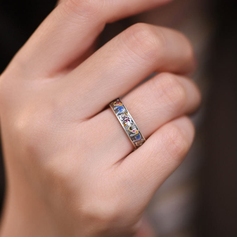 Buddha Stones Kolorowy Słoń Rzeźbiony Siła Regulowany Pierścień