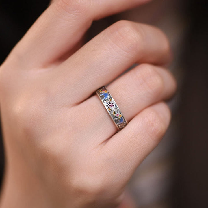 Buddha Stones Kolorowy Słoń Rzeźbiony Siła Regulowany Pierścień