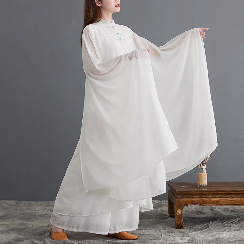 Buddha Stones 2 szt. Żaba-guzik Długi rękaw Midi Sukienka Szerokie Nogawki Spodnie Szyfon Zen Zestaw Damski