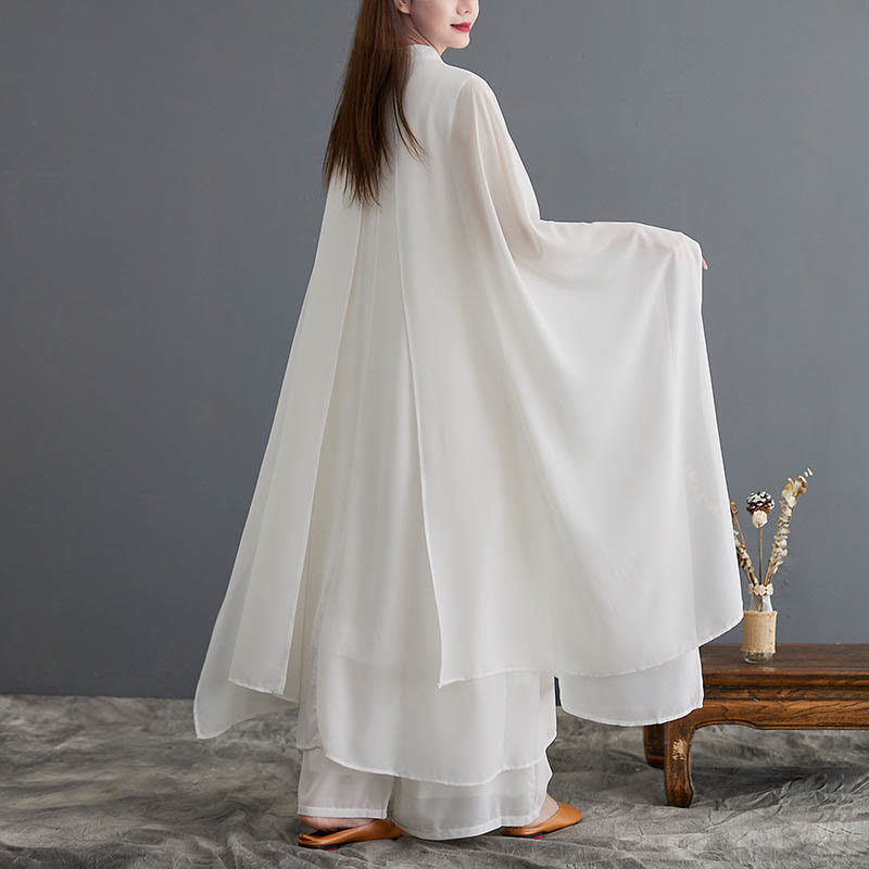 Buddha Stones 2 szt. Żaba-guzik Długi rękaw Midi Sukienka Szerokie Nogawki Spodnie Szyfon Zen Zestaw Damski