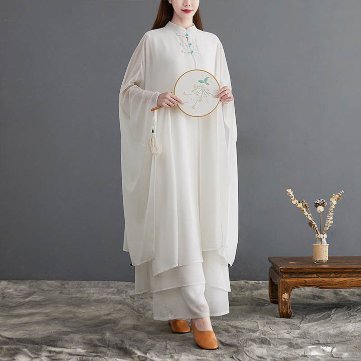 Buddha Stones 2 szt. Żaba-guzik Długi rękaw Midi Sukienka Szerokie Nogawki Spodnie Szyfon Zen Zestaw Damski