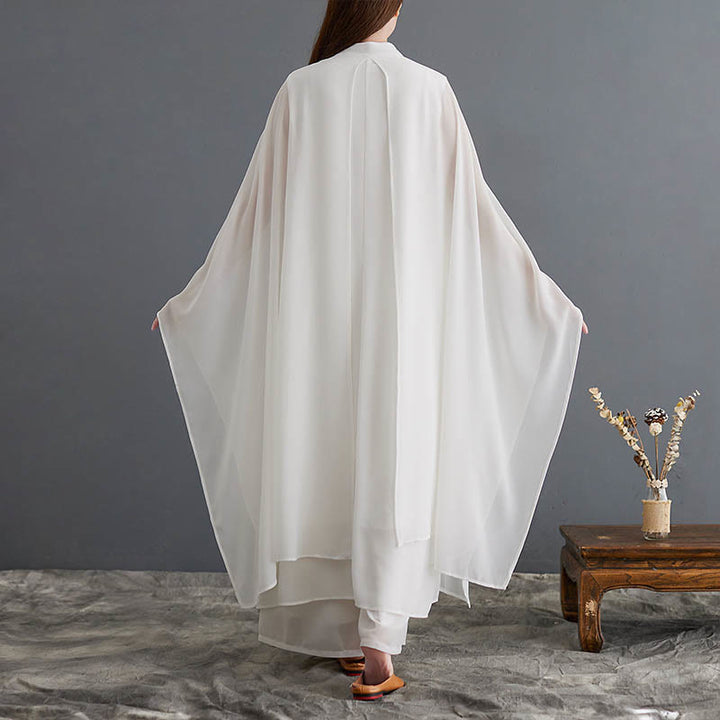 Buddha Stones 2 szt. Żaba-guzik Długi rękaw Midi Sukienka Szerokie Nogawki Spodnie Szyfon Zen Zestaw Damski