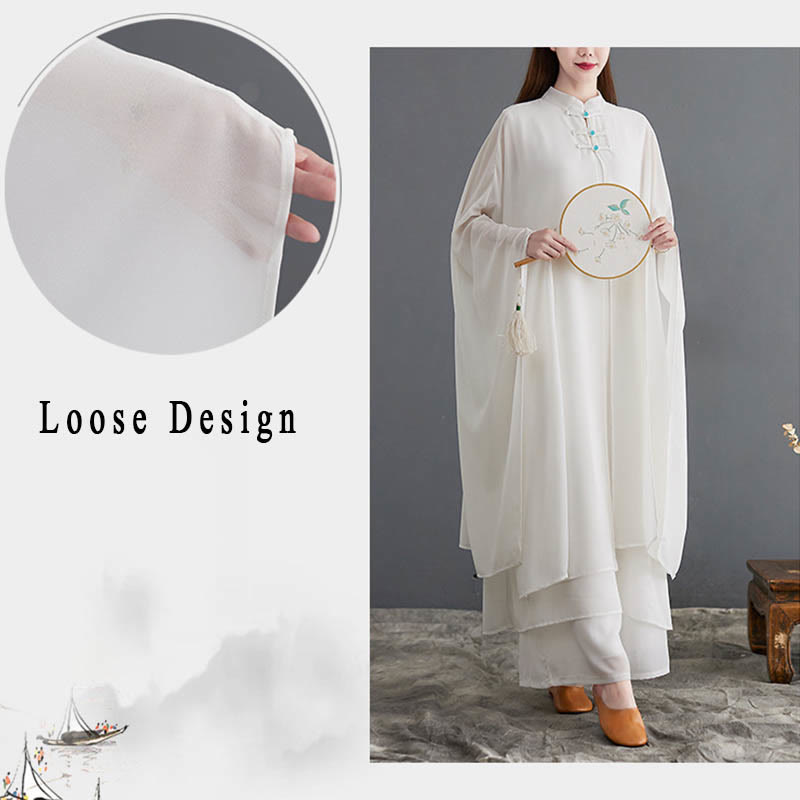 Buddha Stones 2 szt. Żaba-guzik Długi rękaw Midi Sukienka Szerokie Nogawki Spodnie Szyfon Zen Zestaw Damski