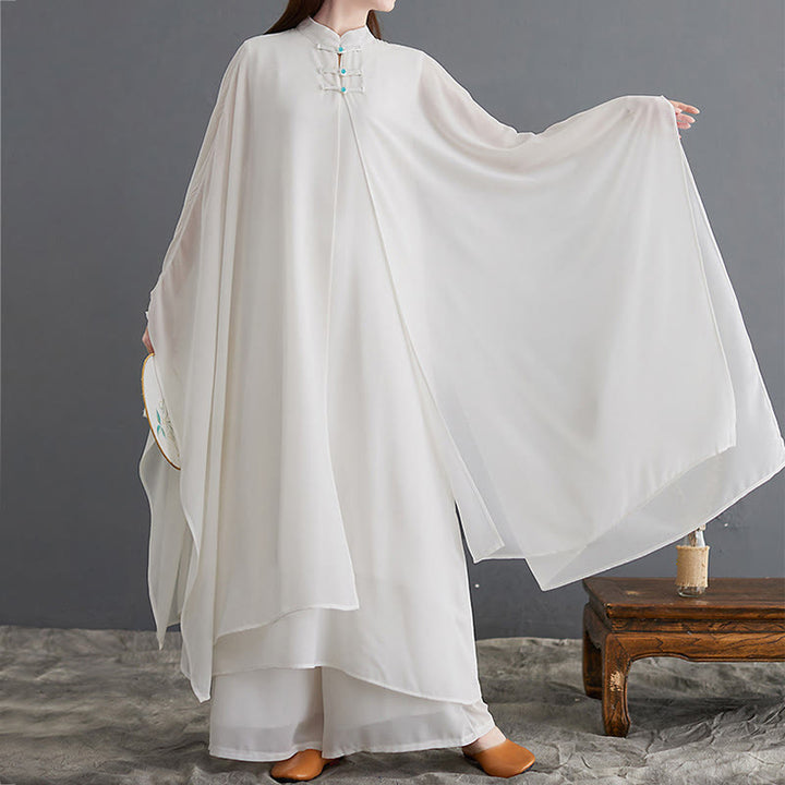 Buddha Stones 2 szt. Żaba-guzik Długi rękaw Midi Sukienka Szerokie Nogawki Spodnie Szyfon Zen Zestaw Damski