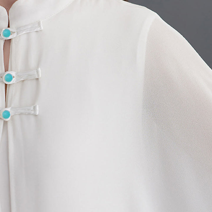 Buddha Stones 2 szt. Żaba-guzik Długi rękaw Midi Sukienka Szerokie Nogawki Spodnie Szyfon Zen Zestaw Damski