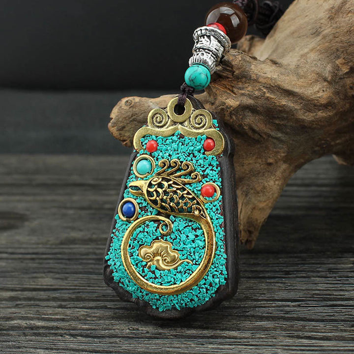 Buddha Stones Tybet Bóg Bogactwa Drzewo Pieniędzy Złoty Feniks Thangka Ebony Naszyjnik Pokoju Wisiorek
