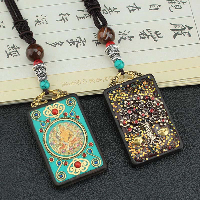 Buddha Stones Tybet Bóg Bogactwa Drzewo Pieniędzy Złoty Feniks Thangka Ebony Naszyjnik Pokoju Wisiorek