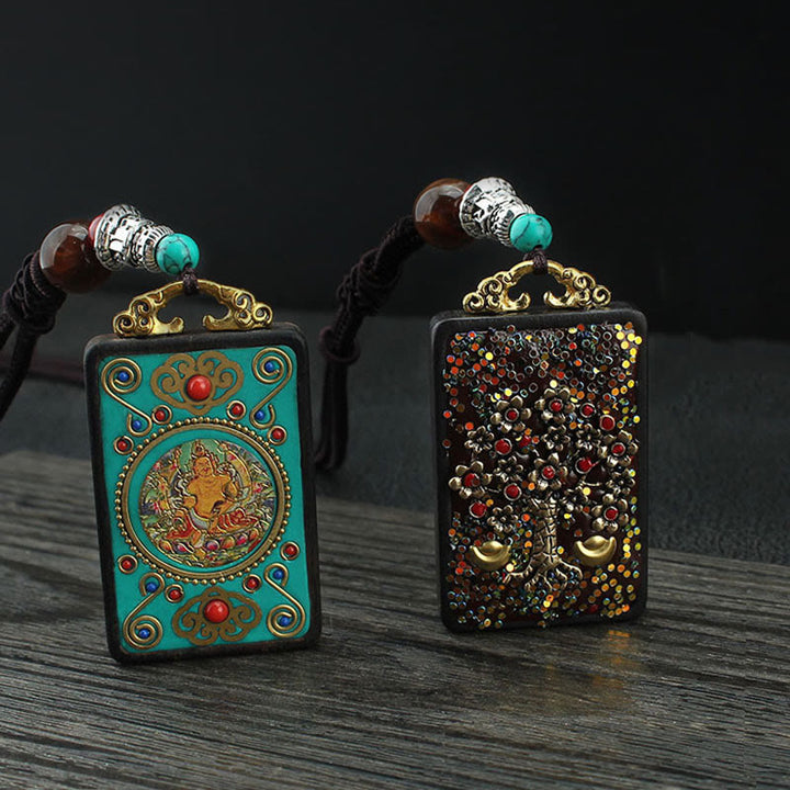 Buddha Stones Tybet Bóg Bogactwa Drzewo Pieniędzy Złoty Feniks Thangka Ebony Naszyjnik Pokoju Wisiorek