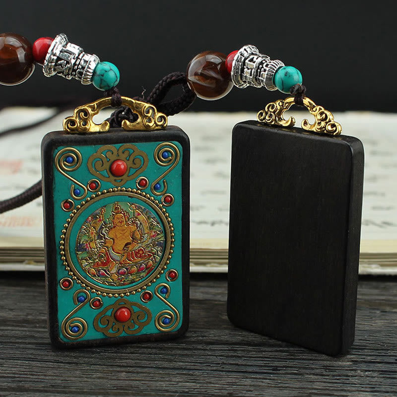 Buddha Stones Tybet Bóg Bogactwa Drzewo Pieniędzy Złoty Feniks Thangka Ebony Naszyjnik Pokoju Wisiorek