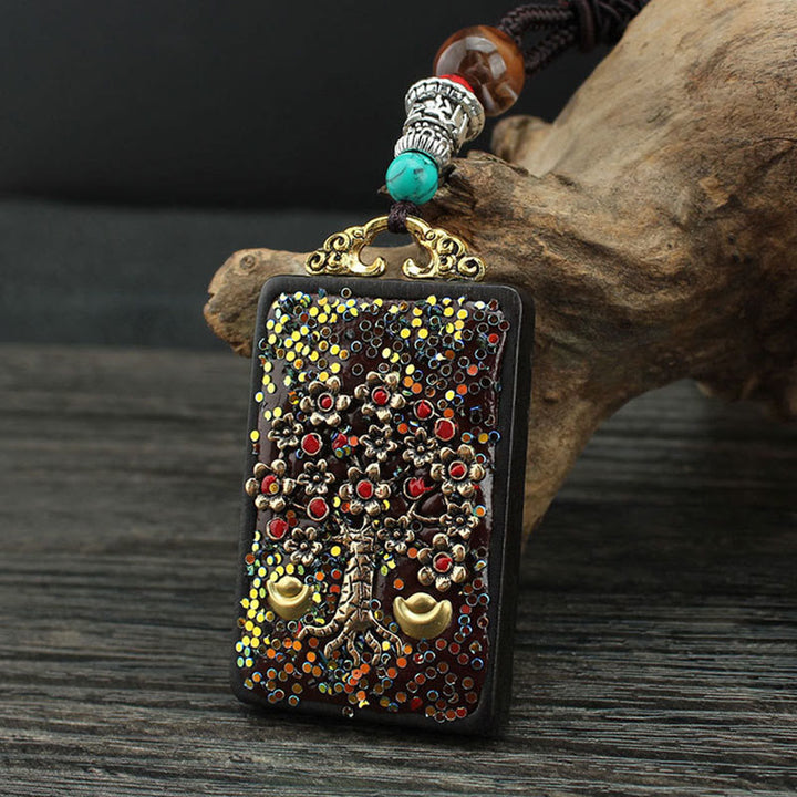 Buddha Stones Tybet Bóg Bogactwa Drzewo Pieniędzy Złoty Feniks Thangka Ebony Naszyjnik Pokoju Wisiorek