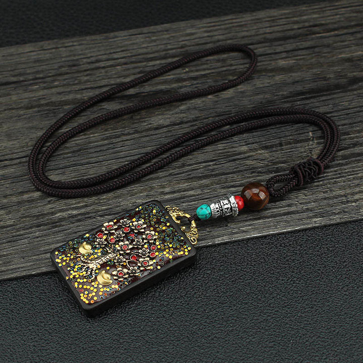 Buddha Stones Tybet Bóg Bogactwa Drzewo Pieniędzy Złoty Feniks Thangka Ebony Naszyjnik Pokoju Wisiorek