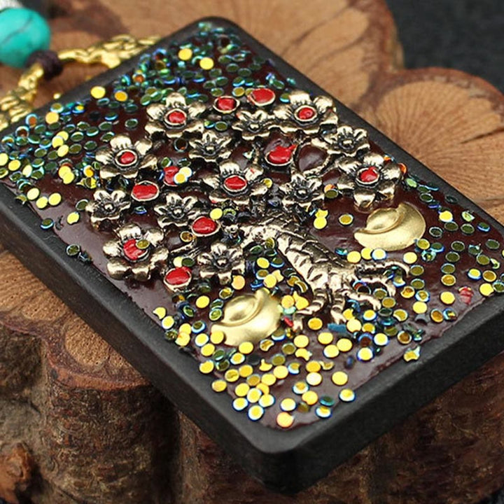 Buddha Stones Tybet Bóg Bogactwa Drzewo Pieniędzy Złoty Feniks Thangka Ebony Naszyjnik Pokoju Wisiorek