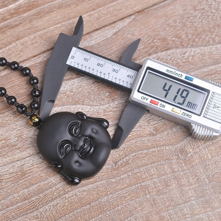 Buddha Stones Naturalny Czarny Obsydian Śmiejący się Budda Naszyjnik Oczyszczający Wisiorek