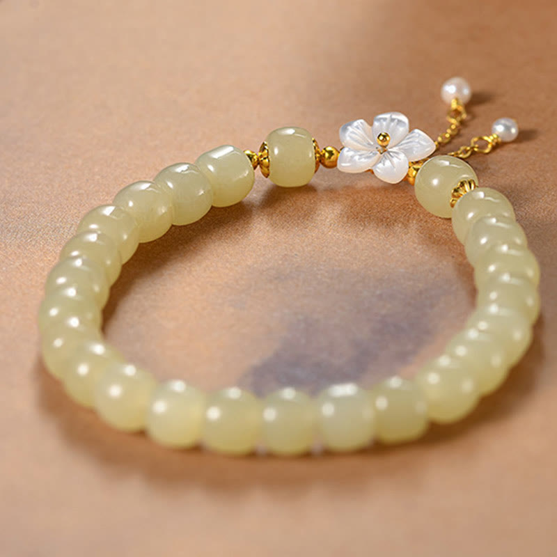 Bransoletka z Buddha Stones 925 ze srebra próby 925 z naturalnego jadeitu Hetian i kwiatów szczęścia