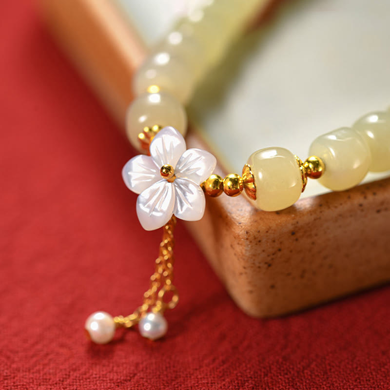 Bransoletka z Buddha Stones 925 ze srebra próby 925 z naturalnego jadeitu Hetian i kwiatów szczęścia