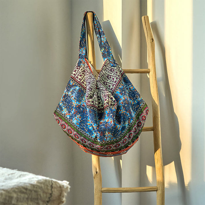 Torba na ramię z bawełny w kolorowe paski z motywem Buddha Stones - Pomarańczowo-niebieski 50*20*40cm - image 1