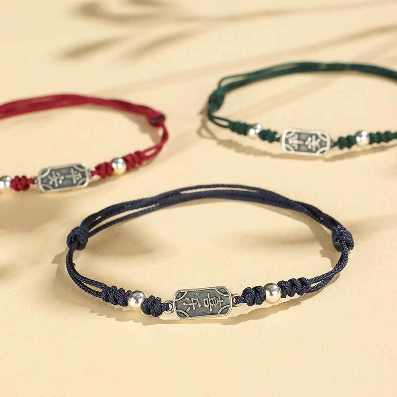 Buddha Stones Ręcznie robione 925 Srebro Sterlingowe Pokój I Radość Bezpieczna Studnia Ochrona Bransoletka Pleciona