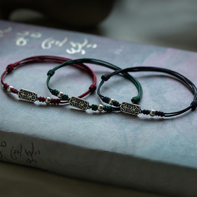 Buddha Stones Ręcznie robione 925 Srebro Sterlingowe Pokój I Radość Bezpieczna Studnia Ochrona Bransoletka Pleciona