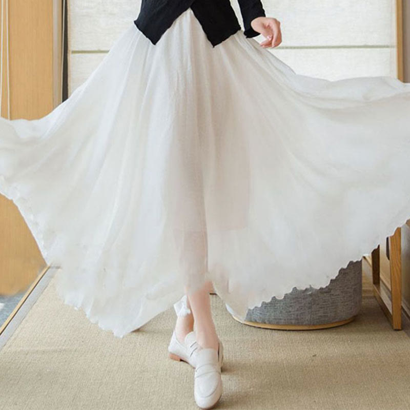 Spódnica lniana z elastycznym wysokim stanem i Buddha Stones w jednolitym kolorze - image 18