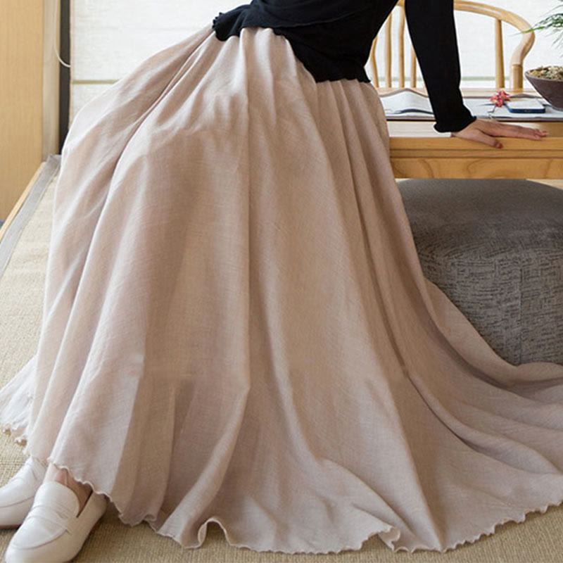 Spódnica lniana z elastycznym wysokim stanem i Buddha Stones w jednolitym kolorze - image 30