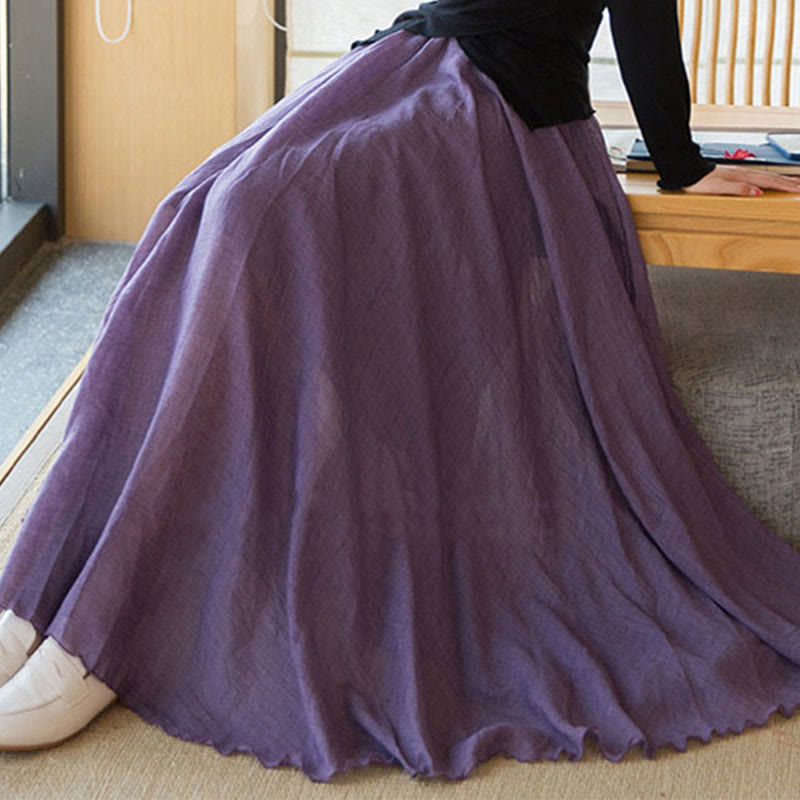 Spódnica lniana z elastycznym wysokim stanem i Buddha Stones w jednolitym kolorze - image 11