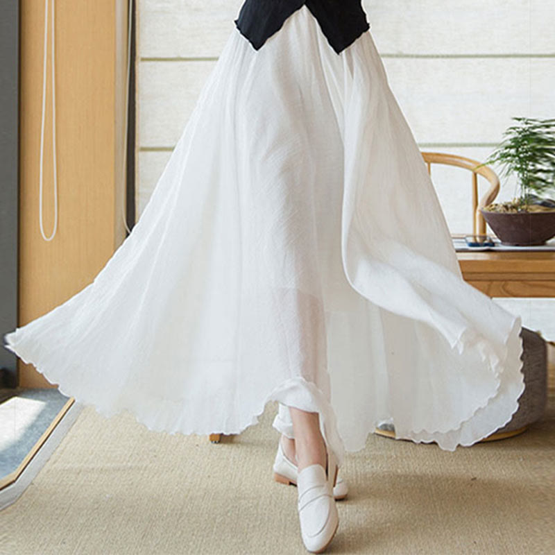 Spódnica lniana z elastycznym wysokim stanem i Buddha Stones w jednolitym kolorze - image 16