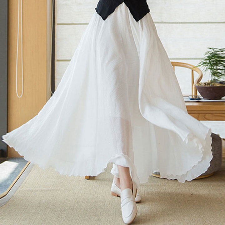 Spódnica lniana z elastycznym wysokim stanem i Buddha Stones w jednolitym kolorze - image 16