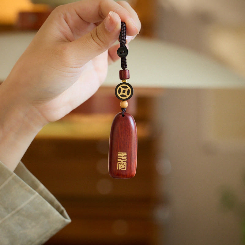 Buddha Stones Mały liść Czerwony sandałowiec Drewno hebanowe Pokój Pomyślna Miedź Moneta Ochrona Brelok