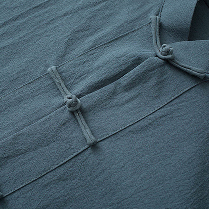 Buddha Stones Tradycyjny Żabkowy Guzik Tang Garnitur Bawełniany Top z Pół Rękawem Spodnie Odzież Męski Zestaw - image 2