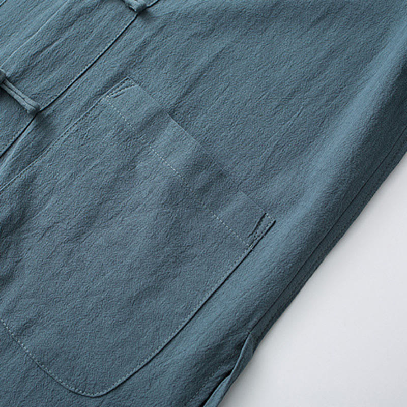 Buddha Stones Tradycyjny Żabkowy Guzik Tang Garnitur Bawełniany Top z Pół Rękawem Spodnie Odzież Męski Zestaw - image 3