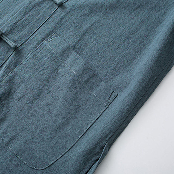 Buddha Stones Tradycyjny Żabkowy Guzik Tang Garnitur Bawełniany Top z Pół Rękawem Spodnie Odzież Męski Zestaw - image 3