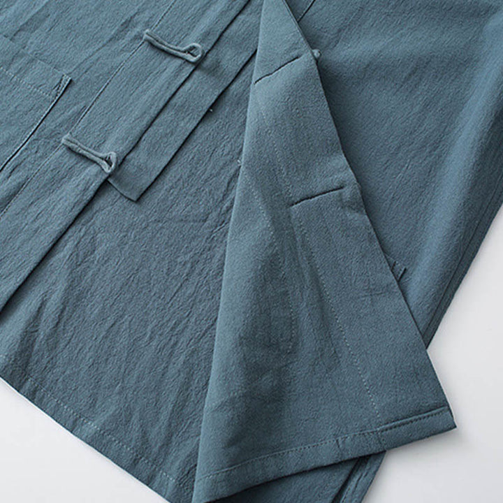 Buddha Stones Tradycyjny Żabkowy Guzik Tang Garnitur Bawełniany Top z Pół Rękawem Spodnie Odzież Męski Zestaw - image 4