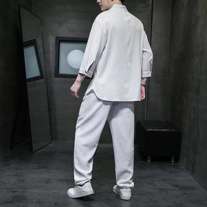 Buddha Stones Jednolity Kolor Koszula z Dekoltem w Serek Rękaw Trzy Czwarte Spodnie Codzienne Odzież Męska Zestaw - image 2