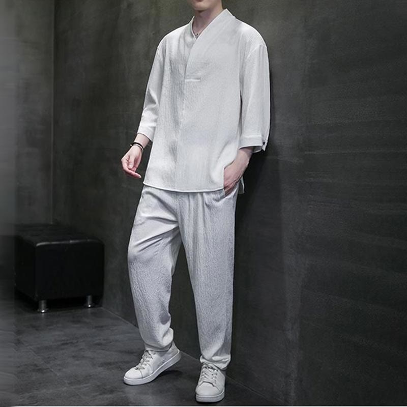 Buddha Stones Jednolity Kolor Koszula z Dekoltem w Serek Rękaw Trzy Czwarte Spodnie Codzienne Odzież Męska Zestaw - image 6