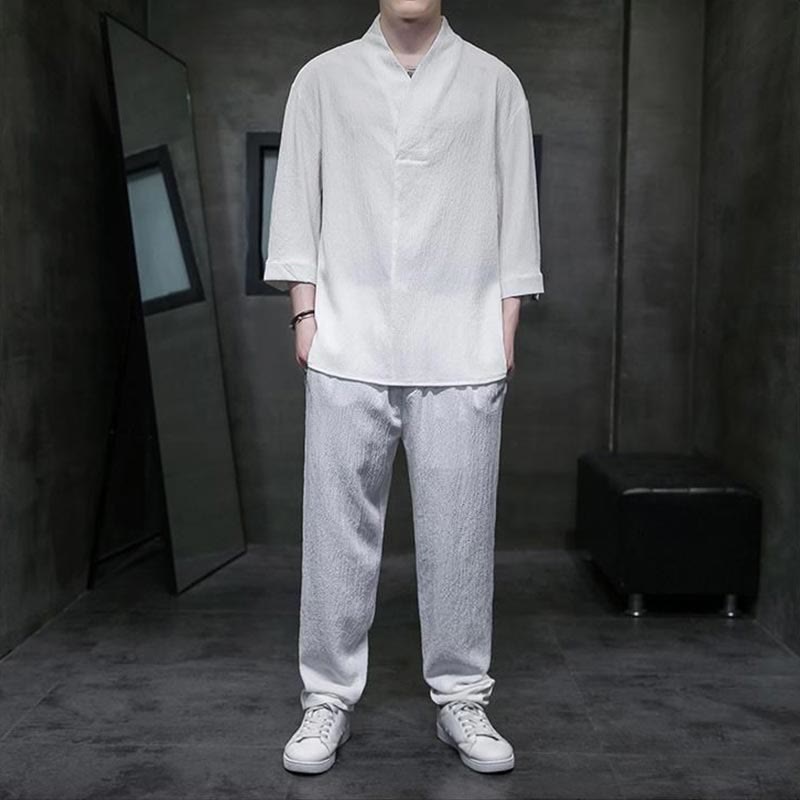 Buddha Stones Jednolity Kolor Koszula z Dekoltem w Serek Rękaw Trzy Czwarte Spodnie Codzienne Odzież Męska Zestaw - Biały - US/UK/AU44, EU54 (4XL) - image 0