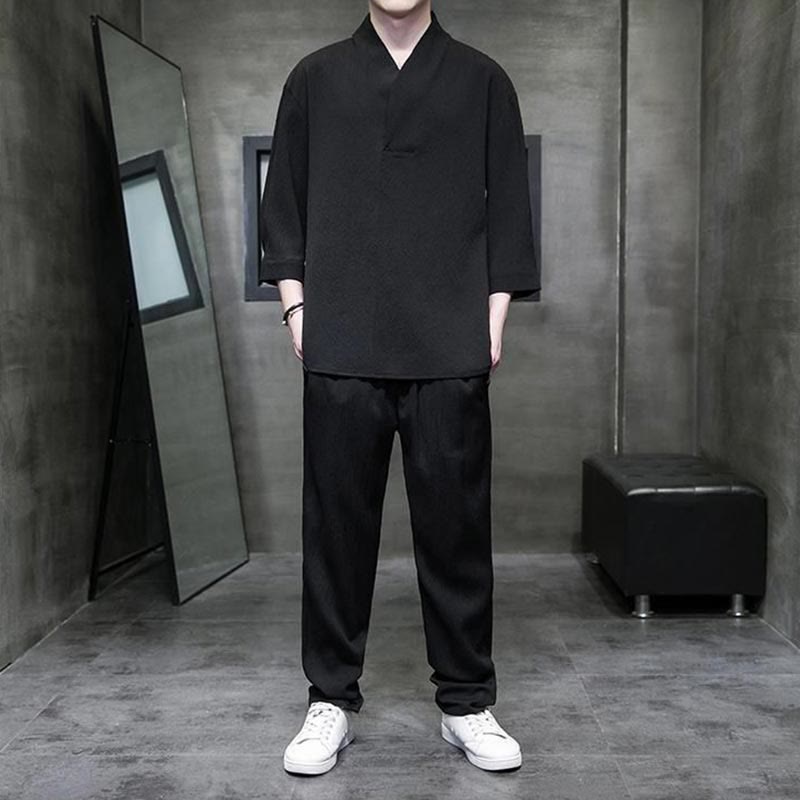 Buddha Stones Jednolity Kolor Koszula z Dekoltem w Serek Rękaw Trzy Czwarte Spodnie Codzienne Odzież Męska Zestaw - Czarny - US/UK/AU44, EU54 (4XL) - image 7
