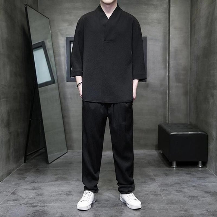 Buddha Stones Jednolity Kolor Koszula z Dekoltem w Serek Rękaw Trzy Czwarte Spodnie Codzienne Odzież Męska Zestaw - Czarny - US/UK/AU44, EU54 (4XL) - image 7
