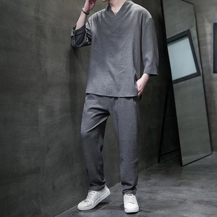 Buddha Stones Jednolity Kolor Koszula z Dekoltem w Serek Rękaw Trzy Czwarte Spodnie Codzienne Odzież Męska Zestaw - image 21