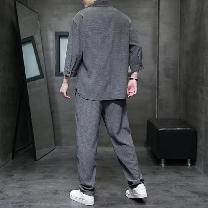 Buddha Stones Jednolity Kolor Koszula z Dekoltem w Serek Rękaw Trzy Czwarte Spodnie Codzienne Odzież Męska Zestaw - image 19