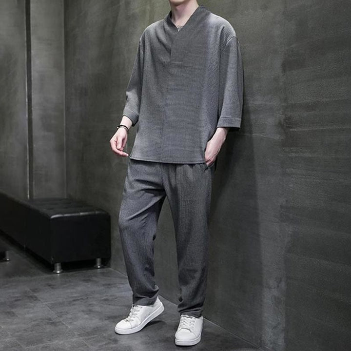 Buddha Stones Jednolity Kolor Koszula z Dekoltem w Serek Rękaw Trzy Czwarte Spodnie Codzienne Odzież Męska Zestaw - image 22