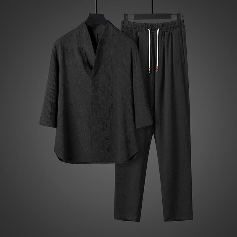 Buddha Stones Jednolity Kolor Koszula z Dekoltem w Serek Rękaw Trzy Czwarte Spodnie Codzienne Odzież Męska Zestaw - image 11