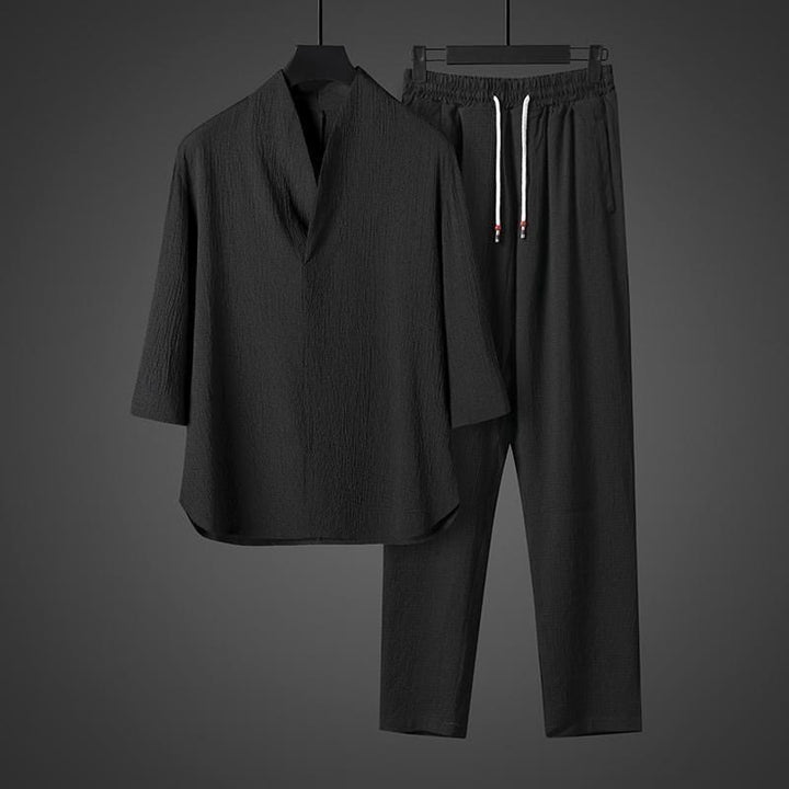 Buddha Stones Jednolity Kolor Koszula z Dekoltem w Serek Rękaw Trzy Czwarte Spodnie Codzienne Odzież Męska Zestaw - image 11