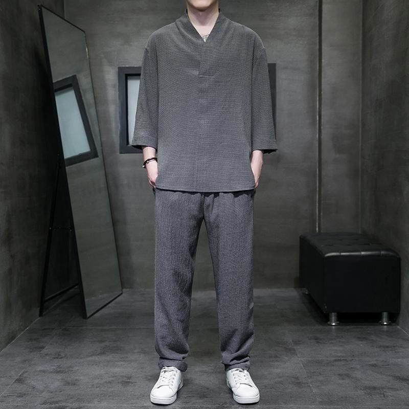 Buddha Stones Jednolity Kolor Koszula z Dekoltem w Serek Rękaw Trzy Czwarte Spodnie Codzienne Odzież Męska Zestaw - DimGray - US/UK/AU44, EU54 (4XL) - image 18