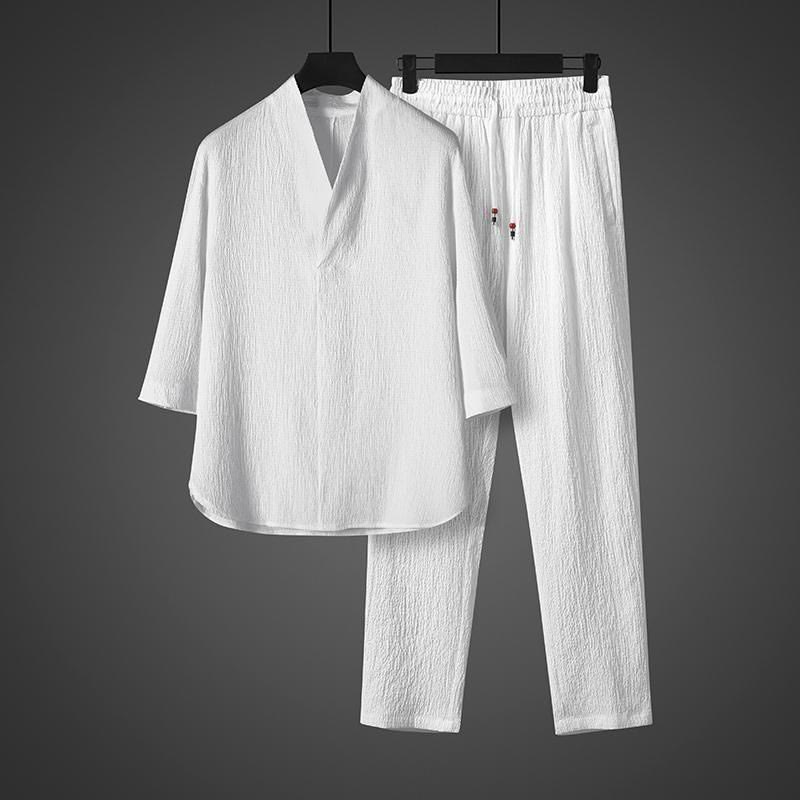 Buddha Stones Jednolity Kolor Koszula z Dekoltem w Serek Rękaw Trzy Czwarte Spodnie Codzienne Odzież Męska Zestaw - image 4