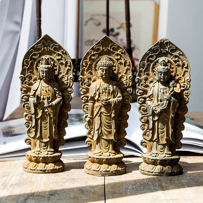 Buddha Stones ręcznie robione Amitabha Guanyin Avalokitesvara Mahasthamaprapta proszek żelaza rdza odlew posąg z żywicy dekoracja