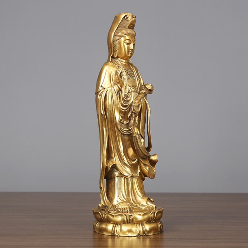 Buddha Stones Złoty Stojący Kwan Yin Awalokiteśwara Bogactwo Mosiądz Miedziana Statua Dekoracja Biurka Domowego