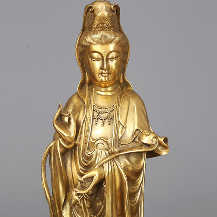 Buddha Stones Złoty Stojący Kwan Yin Awalokiteśwara Bogactwo Mosiądz Miedziana Statua Dekoracja Biurka Domowego