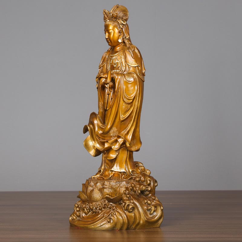 Buddha Stones Kwan Yin Awalokiteśwara trzymający wazon Mosiężna harmonia Miedziana statua Dekoracja domu